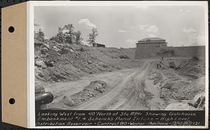 Contract No. 80, High Level Distribution Reservoir, Weston, looking west from 40 feet north of Sta. 894+/- showing gatehouse, embankment 1, and Schenck's Pond intake, high level distribution reservoir, Weston, Mass., Jul. 2, 1940