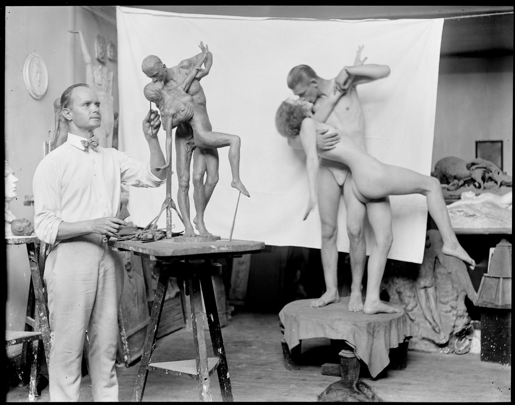 Sculptor Karl Skoog works from artist's models in his studio