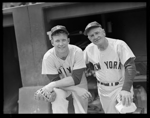 Mickey Mantle of the Yankees with his boss, Casey Stengel, at Fenway Park