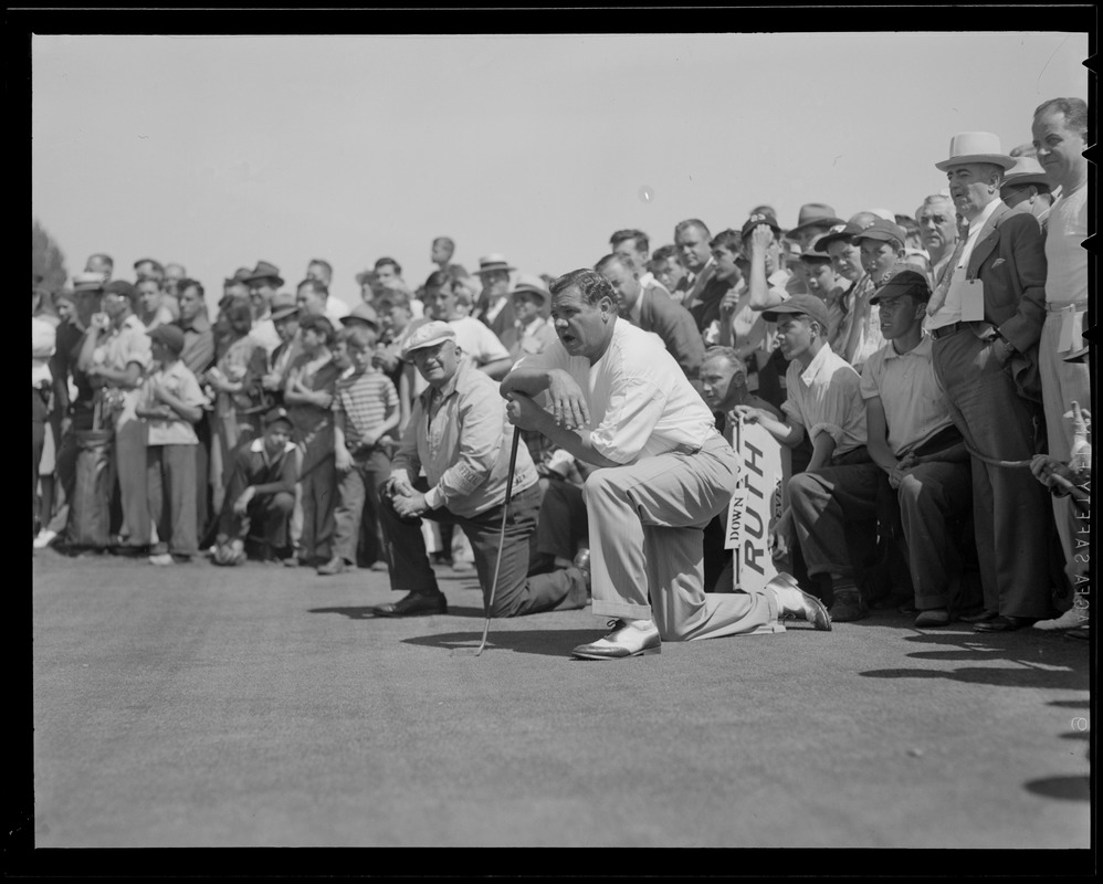 Babe Ruth on green at Commonwealth Country Club during match with Ty Cobb