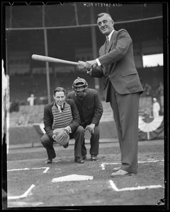 Gov. Saltonstall at bat, Mayor Tobin catching, Bill Klem umpire, at Braves Field