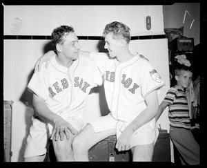 Clyde Vollmer and Mickey McDermott happy in club house after beating Cleveland 8-4