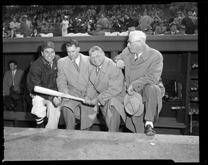 Former players Bobby Doerr, Jimmie Foxx and Lefty Grove join Sox manager Lou Boudreau in dugout