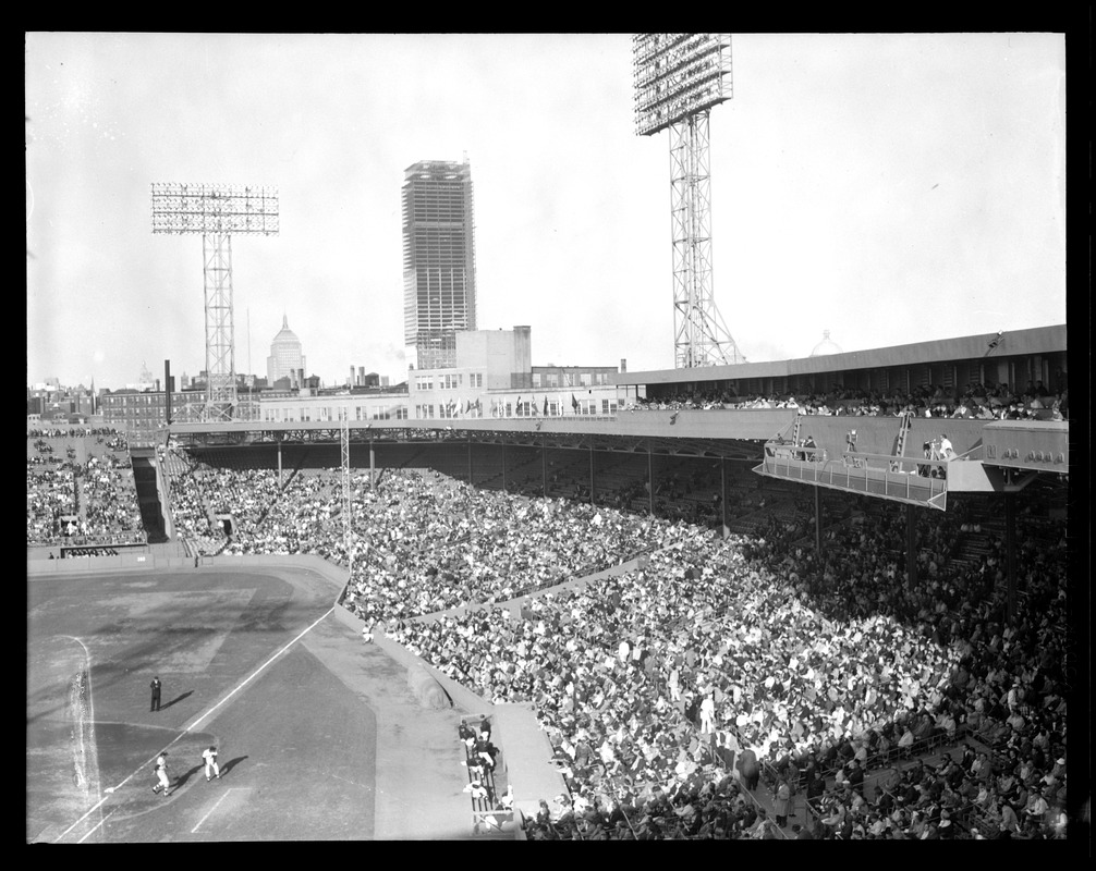 Opening day at Fenway, showing Prudential under construction