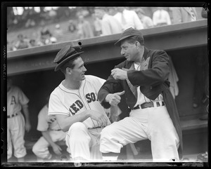 Ted Williams switches hats with baseball clown Al Schacht at All-Star game at Fenway