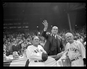Gov. Dever throws out first ball at Fenway as Joe McCarthy and Casey Stengel look on.