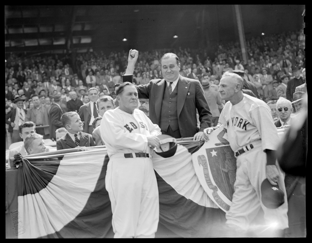 Gov. Dever throws out first ball at Fenway as Joe McCarthy and Casey Stengel look on.