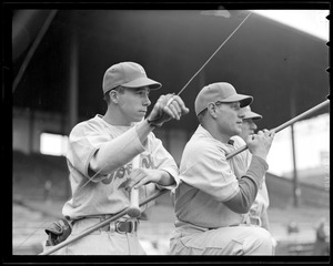 Pee Wee Reese and Leo Durocher, Brooklyn Dodgers, at Braves Field