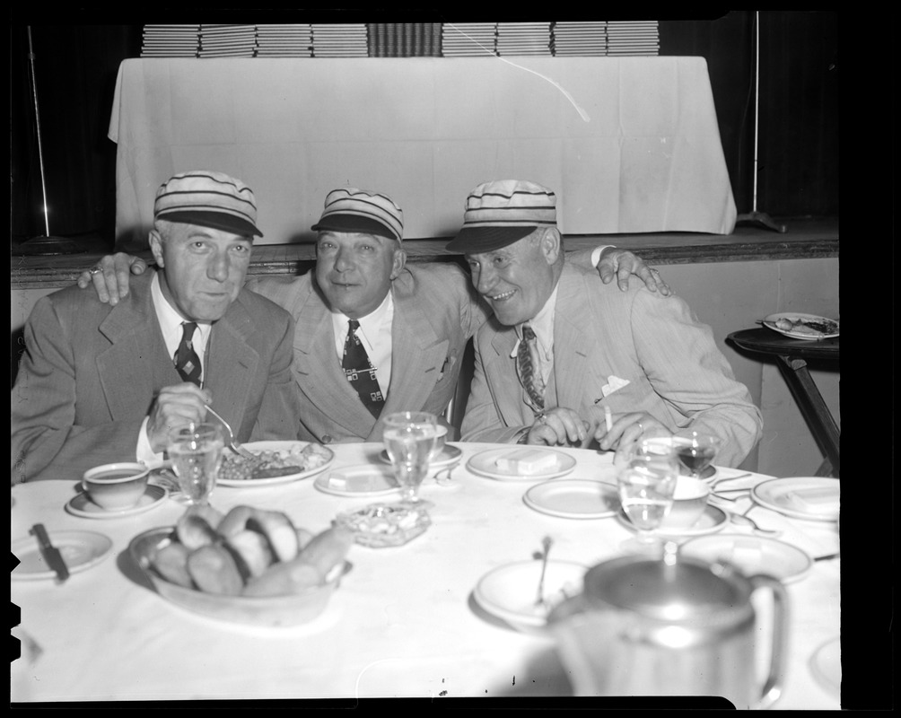 Comm. Ford Frick, Braves traveling secretary Duffy Lewis and Braves owner Lou Perini, 75th National League anniversary dinner
