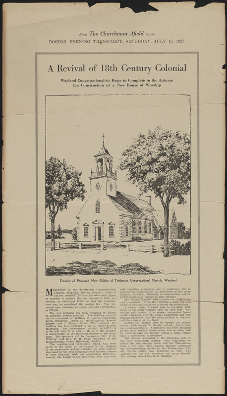 A revival of 18th century colonial Wayland Congregationalists hope to complete in the autumn the construction of a new house of worship