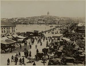 Constantinople, bridge across the Golden Horn, with Pera, the Euopean quarter of the city in the distance