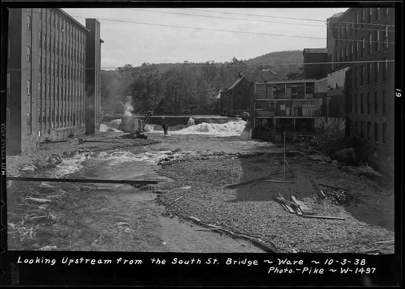 Ware Woolen Co., looking upstream from the South Street bridge, Ware, Mass., Oct 3, 1938