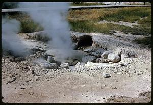 Two plumes of steam rising from small basin, Yellowstone National Park