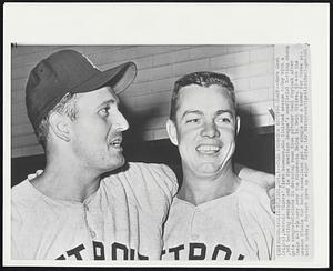 Cash Probable Batting Champ -- Norm Cash (right), Detroit Tigers' first baseman, who finished season today with a .361 batting average and is the American League's unofficial batting champ gets congratulations in dressing room from pitcher Paul Foytack after their 8-3 victory over the Minnesota Twins in Twin Cities. It was the season finale for both teams. Cash got a single and a homer for three at-bats today. Foytack gave up eight hits.