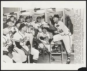 Milwaukee – Braves Meet In New Locker Room – Manager Charlie Grimm (40) meets with Milwaukee Braves in new stadium locker room today. From left: Coach Johnny Cooney, Andy Pafko, Jim Wilson, Bill Bruton, Sibby Sisti (front), Ed Matthews, Max Surkont, Joed Adcock, Jack Dittmer, Vern Bickford.