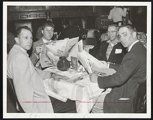 Senatorial Lunch - Leisurely meal is enjoyed by Washington players at Hotel Kenmore before opening of four-game series with Red Sox at Fenway Park. Left to right, Roy Sievers, Connie Grob, Ernie Oravetz and Lou Berberet.