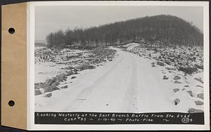 Contract No. 93, Completion of East Branch Baffle, Petersham (formerly in the Town of Greenwich), and Hardwick, looking westerly at the east branch baffle from Sta. 5+65, Hardwick, Mass., Jan. 10, 1940