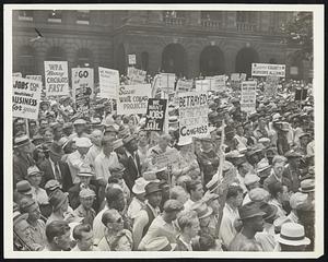 WPA Protest Parade. Thousands of Detroit WPA workers, protesting changes in hourly wage rates and the cessation of some WPA projects, paraded Detroit streets July 11, carrying banners voicing their protests.
