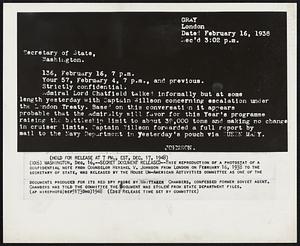 Secret Document Released--This reproduction of a photostat of a confidential note from Counselor Hershel V. Johnson from London on February 16, 1938 to the secretary of state, was released by the House Un-American Activities committee as one of the documents produced for its red spy probe by Whittaker Chambers, confessed former soviet agent. Chambers has told the committee the document was stolen from state department files.