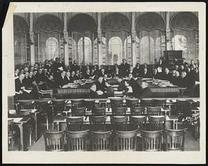 League of Nations in Session A general view of the League of Nations, in session, at Geneva, Switzerland, recently. Seated at head of the conference table, are, left to right: Dr. Stressemann, Germany; M. Briant, France; M. Sciaola, President, of Italy; Sir Eric Drummond and Sir Austin Chamberlain of England.