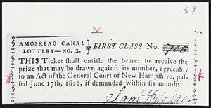 Amoskeag Canal Lottery -- No. 2. First Class. No. 705. This Ticket shall entitle the bearer to receive the prize that may be drawn against its number, agreeably to an Act of the General Court of New Hampshire, passed June 17th, 1802, if demanded within six months.