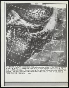 Washington: This photograph, taken by the ESSA 3 weather satellite on 10/12, covers an area of 4 million square miles, including Spain (top right) and Morocco (lower right). the clouds extending from England to Portugal and into the Atlantic were associated with a cold front. Essa.