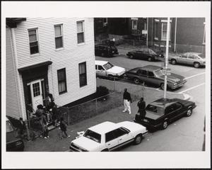 Aerial view of neighborhood street corner