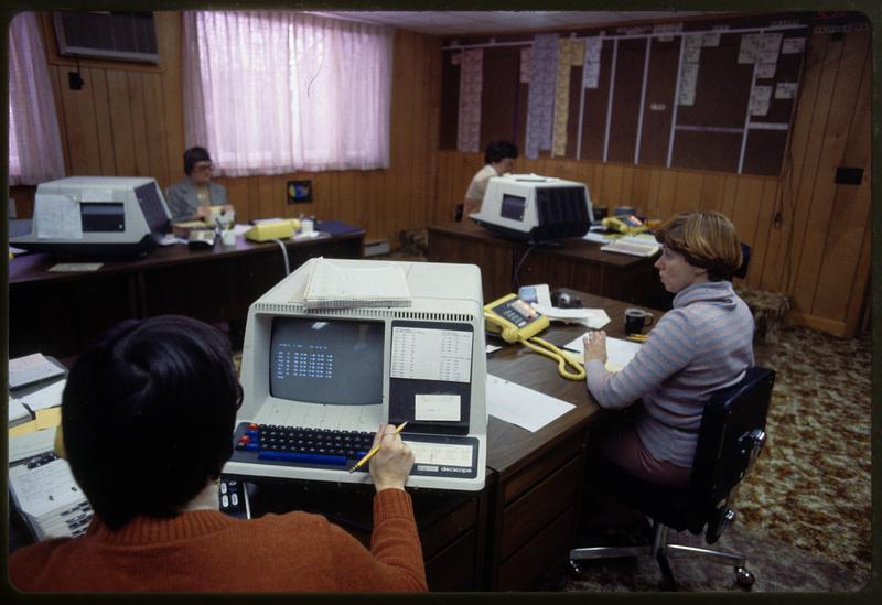 Digital Equipment Corporation descope monitors at use in office, Boston
