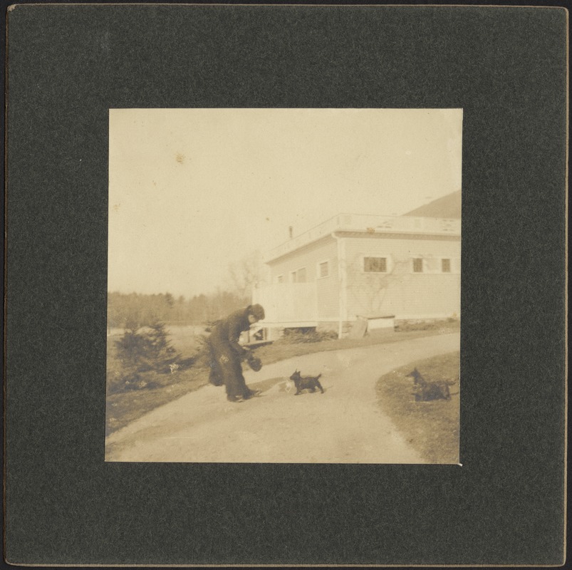 Ashdale Farm. Man with two dogs in yard near house. Print mounted on square black board.