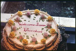 Cake decorated "Welcome Home Roccolani"