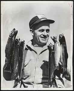 That’s The Limit-Don Hooper of Newbridge St., Hingham, displays a limit catch of six 10 to 14-inch trout he caught on Cape Cod. Hooper made his catch in Higgins Pond, Brewster, the first body of water in the state to be reclaimed and scientifically managed for trout fishing by the state Division of Fisheries and Game.