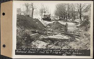 Contract No. 70, WPA Sewer Construction, Rutland, line "A", Main Street, looking ahead from manhole 4A, Rutland Sewer, Rutland, Mass., Jan. 26, 1941