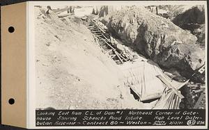 Contract No. 80, High Level Distribution Reservoir, Weston, looking east from center line of dam 1, northeast corner of gate house, showing Schenck's Pond intake, high level distribution reservoir, Weston, Mass., Mar. 13, 1940