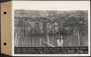 Contract No. 80, High Level Distribution Reservoir, Weston, looking south from the left side of Sta. 883+80 showing overburden, clay over gravel and sand, high level distribution reservoir, Weston, Mass., Apr. 16, 1940