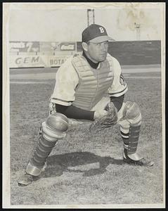 This is not Eddie Stanky and the Traveler had decided to give its readers a day off from pictures of the Braves second-baseman. The gentleman in the photo is Bill Salkeld, acquired from the Pittsburgh Pirates, who is sharing catching duties with Phil Masi. Salkeld was playing professional baseball for San Diego when he was 17 years old and had to hurry from school on his bike to get to the ball park in time to play in the Pacific Coast League games.