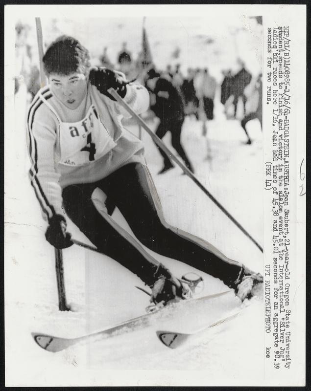 Jean Saubert, 21-year-old Oregon State University student, speeds to finish and victory in the slalom event at the International "Silver Jug" ladies' ski races here 1/16. Jean had times of 45.38 and 45.01 seconds for an aggregate 90.39 seconds for two runs.