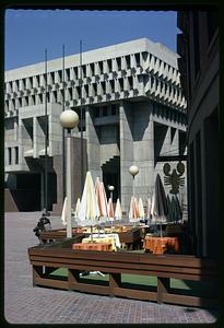 Outdoor seating, Boston City Hall in background