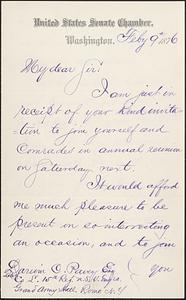 Letter from Roscoe Conkling, Washington, to Darwin C. Pavey, Rome, NY 1876 February 9