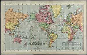 Map of the world showing trade routes & shortest sailing distances between Canadian & foreign ports
