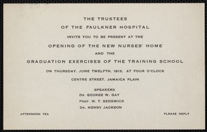 Invitation to the opening of the new Nurses' Home and graduation exercises of the Training School for Nurses at Faulkner Hospital