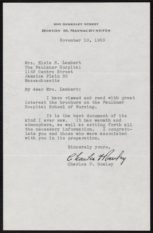 Letter from Charles F. Rowley to Mrs. Elsie R. Lambert