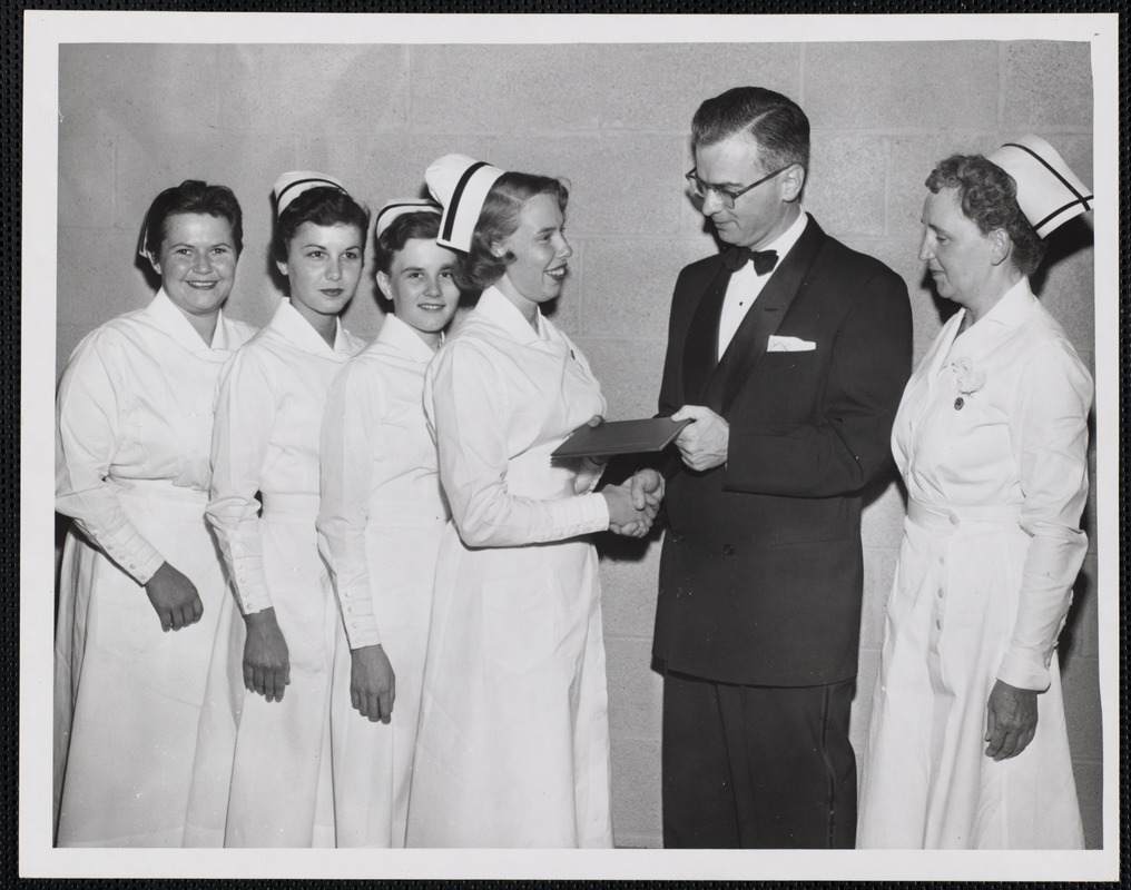 Faulkner Hospital School of Nursing class of 1956 class officers at  graduation - Digital Commonwealth