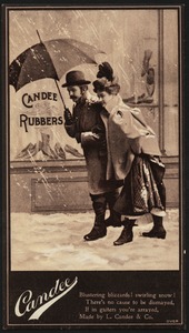 Candee rubbers - blustering blizzards! Swirling snow! There's no cause to be dismayed, if in gaiters you're arrayed, made by L. Candee & Co.