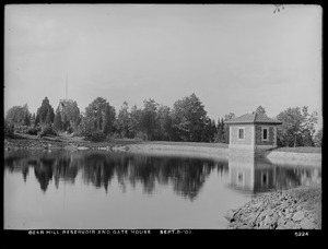 Distribution Department, Northern High Service Bear Hill Reservoir, Reservoir and gatehouse; Bear Hill Observatory in background, left, Stoneham, Mass., Sep. 8, 1903
