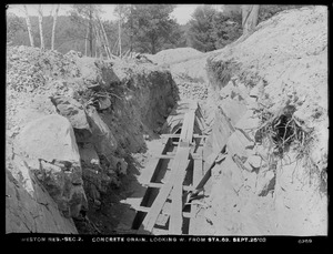 Weston Aqueduct, Weston Reservoir, Section 2, concrete drain looking west from station 63, Weston, Mass., Sep. 25, 1903