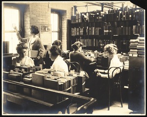 Newton Free Library, Old Main, Centre St. Newton, MA. Interior, Librarians at work in the Technical Services Department, Old Main