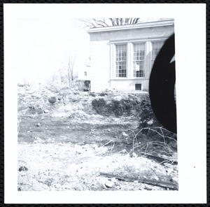 Newton Free Library, Old Main, Centre St. Newton, MA. Road construction in 1964 in front of the Old Main building related to the laying of the Massachusetts Turnpike