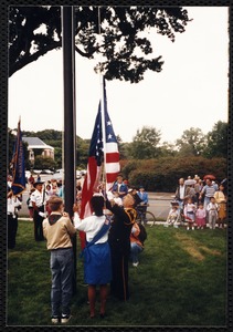 Newton Free Library, 330 Homer St., Newton, MA. Dedication, 9/15/1991. Flag raising: Boy & Girl Scout, rep. of A.L. Post #440
