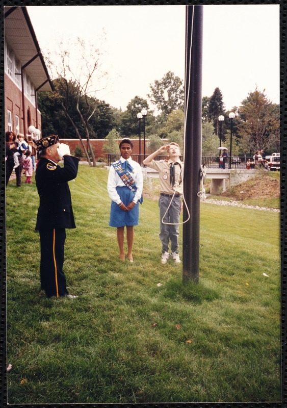 Newton Free Library, 330 Homer St., Newton, MA. Dedication, 9/15/1991. Flag raising