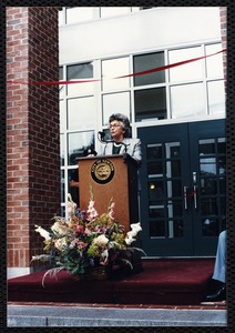 Newton Free Library, 330 Homer St., Newton, MA. Dedication, 9/15/1991. Trustee D. Reichard at podium